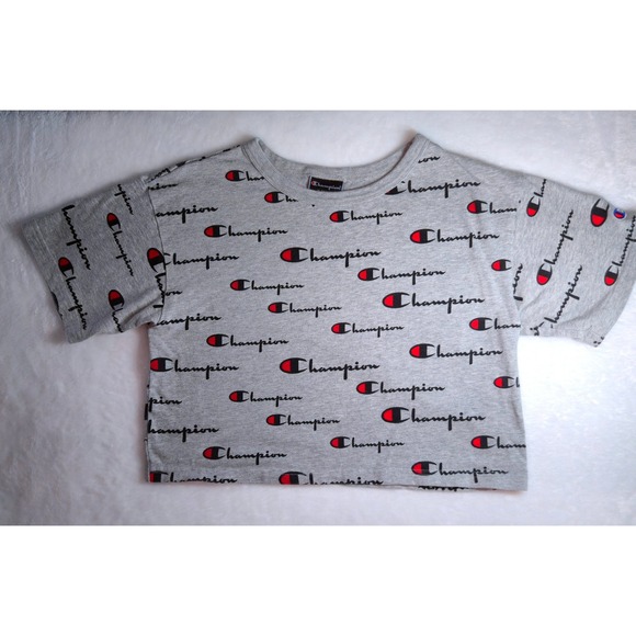 Champion Tops - Champion Womens Gray All Over‎ Script Logo Crop Top Tee WL956P XS